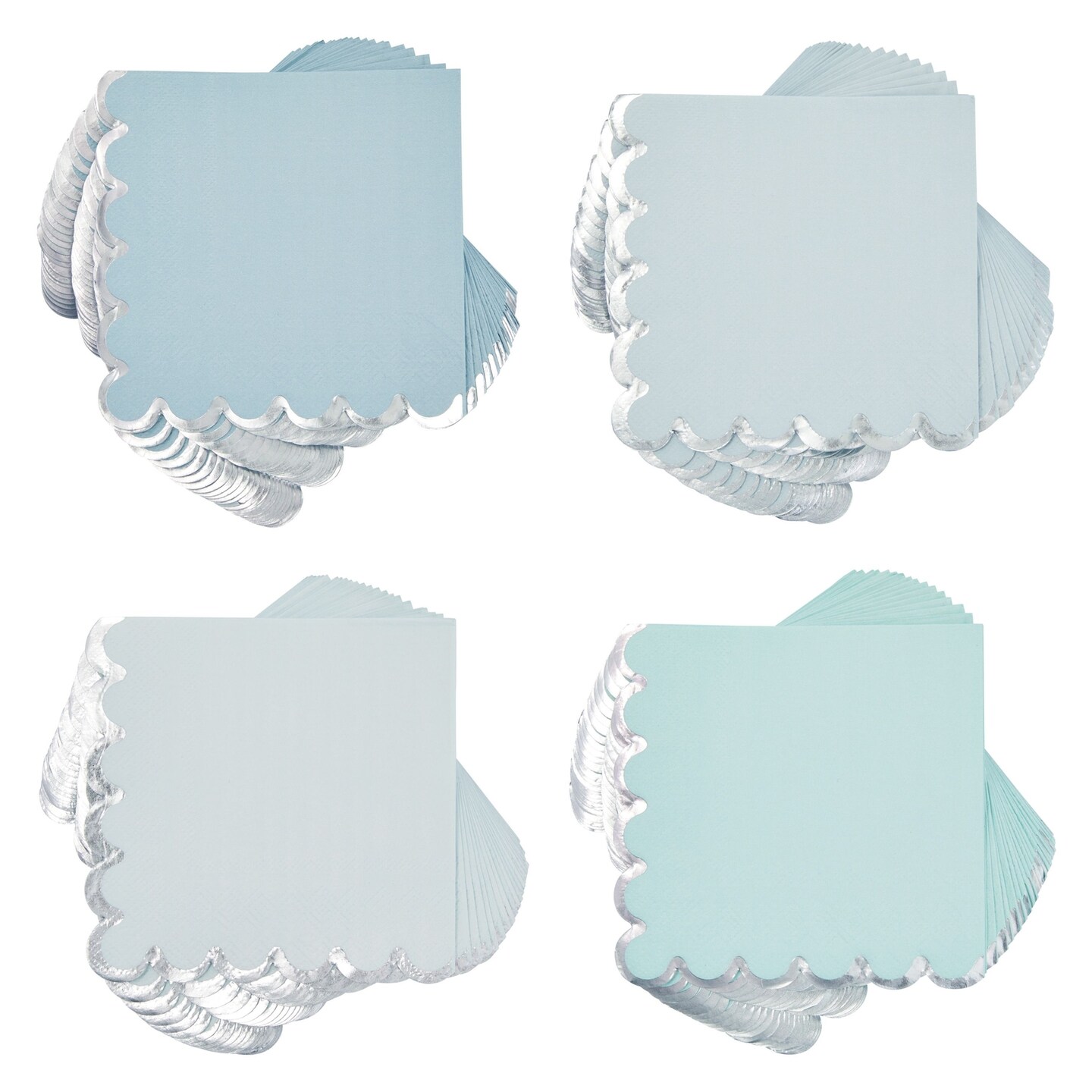 100-Pack Disposable Paper Cocktail Napkins with Scalloped Edges, 5x5-Inch Bulk Serviettes in 4 Shades of Light Blue with Silver Foil Trim