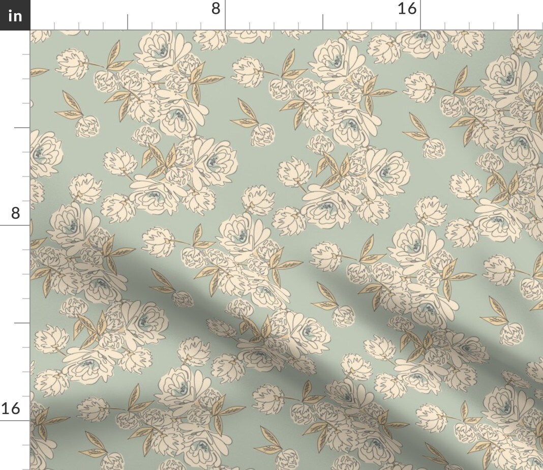 Peonies Green Cream Flowers Floral Whimsical Blooms Botanical Drawing Cottagecore Custom Printed Fabric by Spoonflower Various Fabrics by the Yard or Fat Quarter