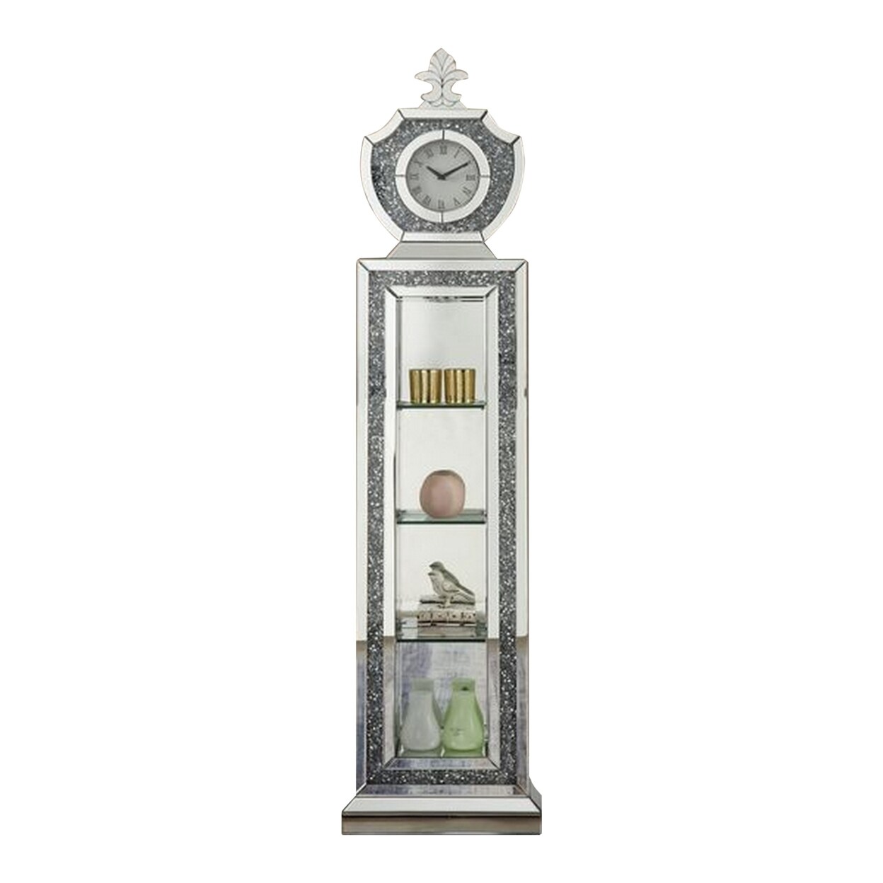 Saltoro Sherpi 63 Inch Grandfather Clock, 4 Compartments, Crown Top, Mirror Frame, Chrome, Gray