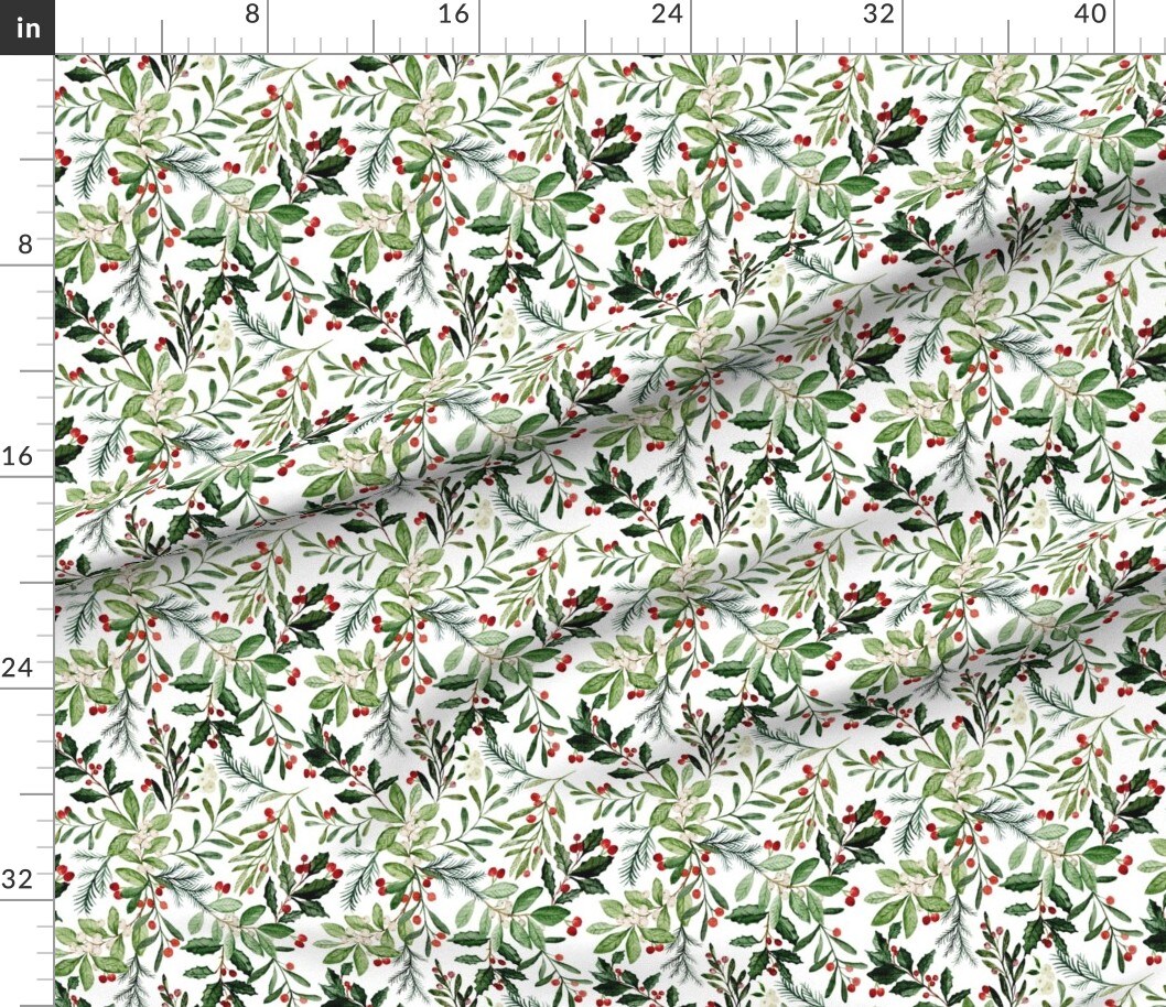 Various Fabrics by the Yard or Fat Quarter Holly Christmas Florals White Floral Winter Holiday Fall Xmas Custom Printed Fabric by Spoonflower