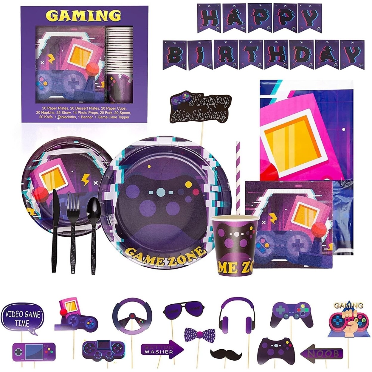 Mighty Mojo Video Game Party Kit Cups Plates Utensils Photo Booth Props