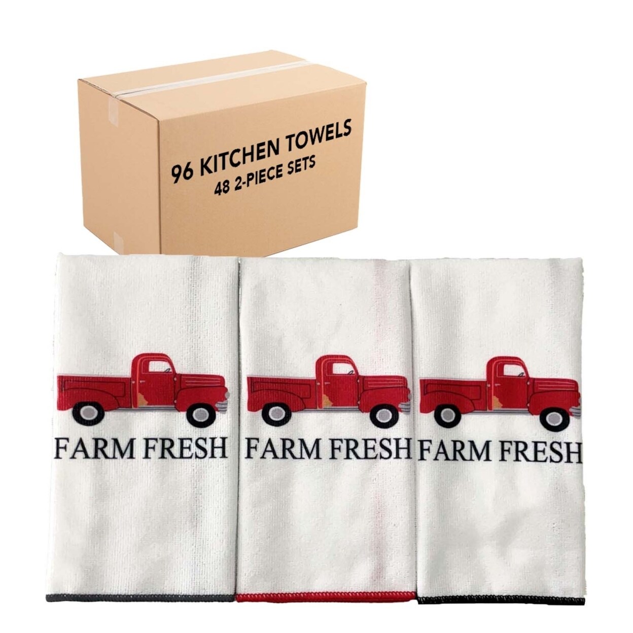 Sloppy Chef Farm Fresh Red Truck Kitchen Towel 2-Piece Set (Bulk Case of 48 Sets, 96 Total Towels), 16x24, Red, Grey and Black