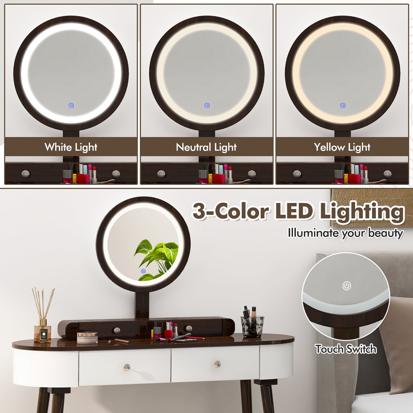 Costway Solid Wood Makeup Vanity Desk Set with LED Lighted Mirror Drawers Cushioned Stool White + Brown/Black + Brown/White + Black/White + Natural