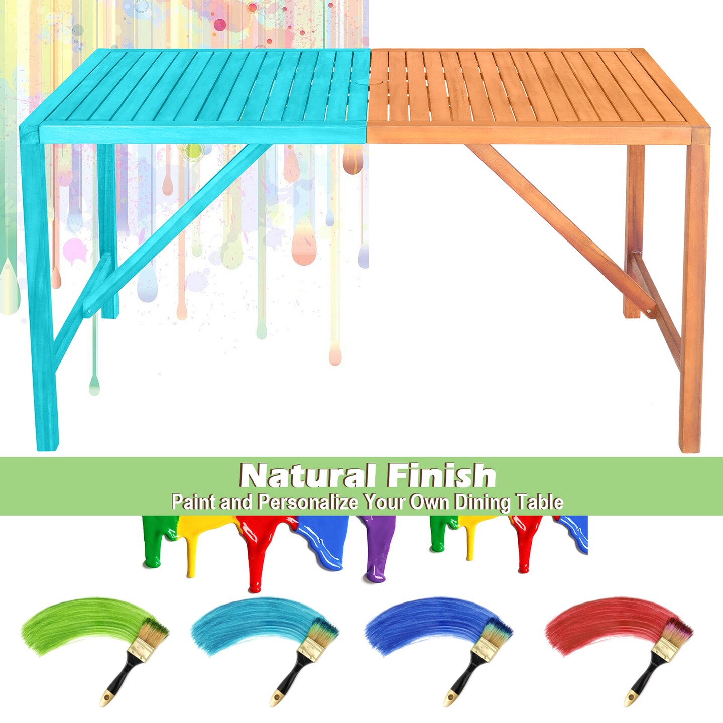 Costway Patio Rectangular Acacia Wood Dining Table 4-6 Person Outdoor 2&#x27;&#x27; Umbrella Hole