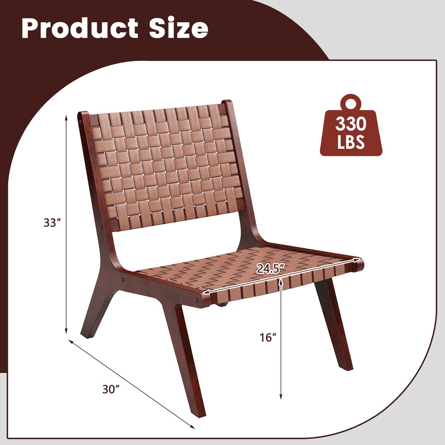 Costway Woven Leather Accent Chair Mid Century Rubber Wood Armless Side Chair