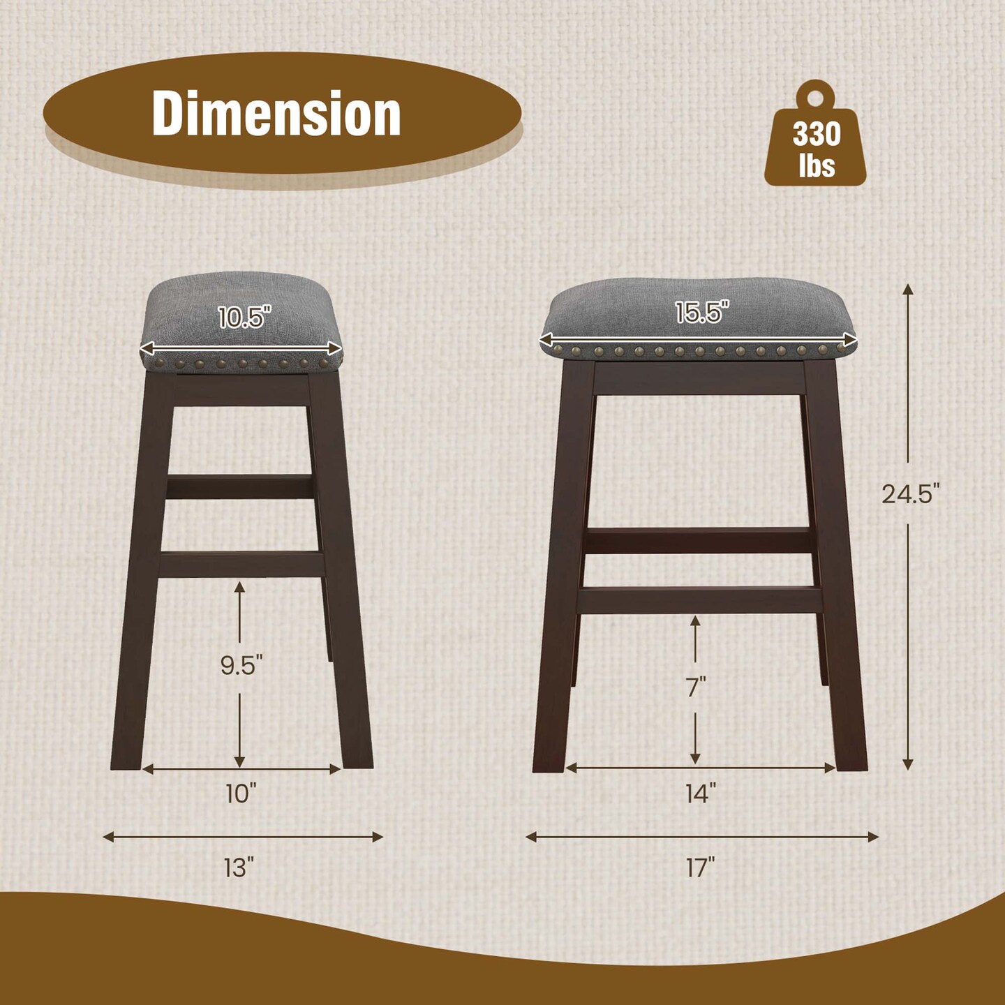 Costway Set of 2 Upholstered Saddle Bar Stools 24.5&#x27;&#x27; Dining Chairs with Wooden Legs Gray