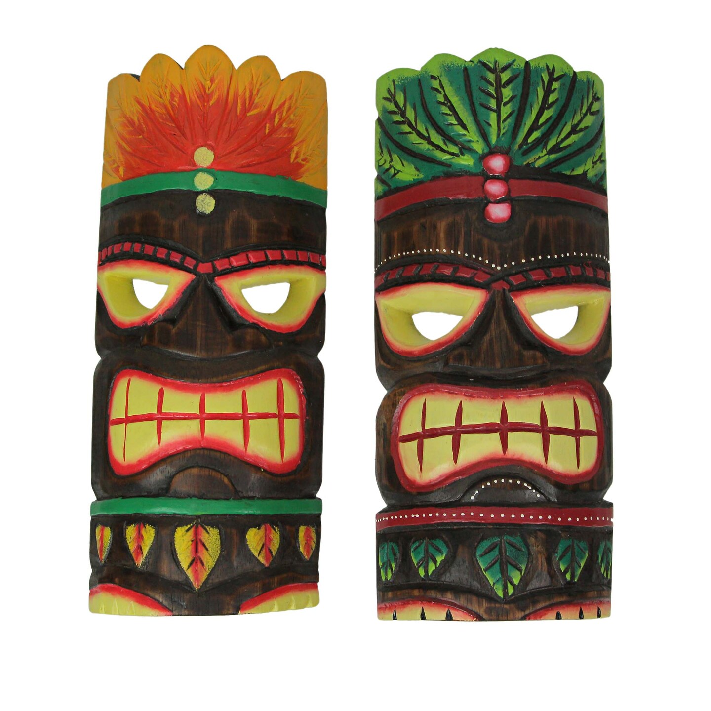 12 Inch Hand Carved Natural Wood Tiki Mask Orange & Green Headdress Art Set of 2