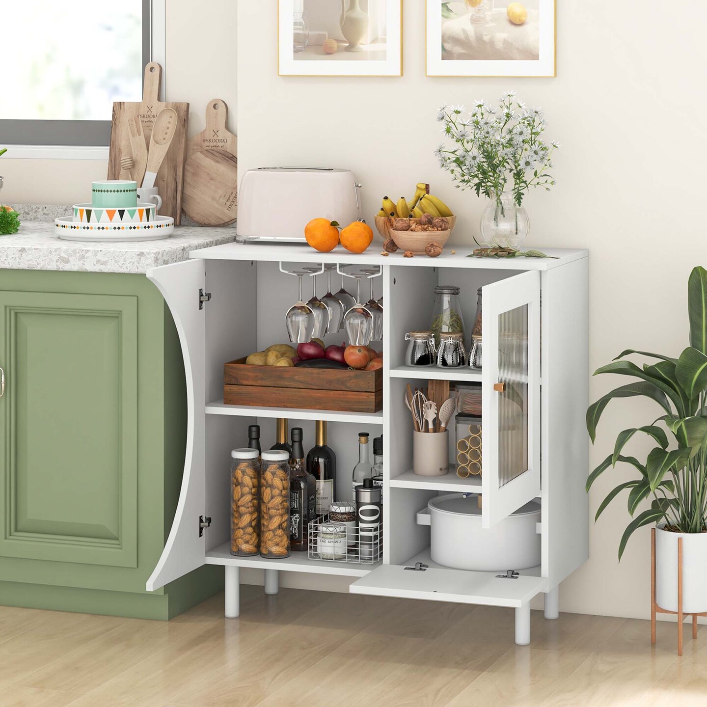 Costway Kitchen Sideboard Wooden Buffet Cabinet with Glass Holder &#x26; Tempered Glass Doors