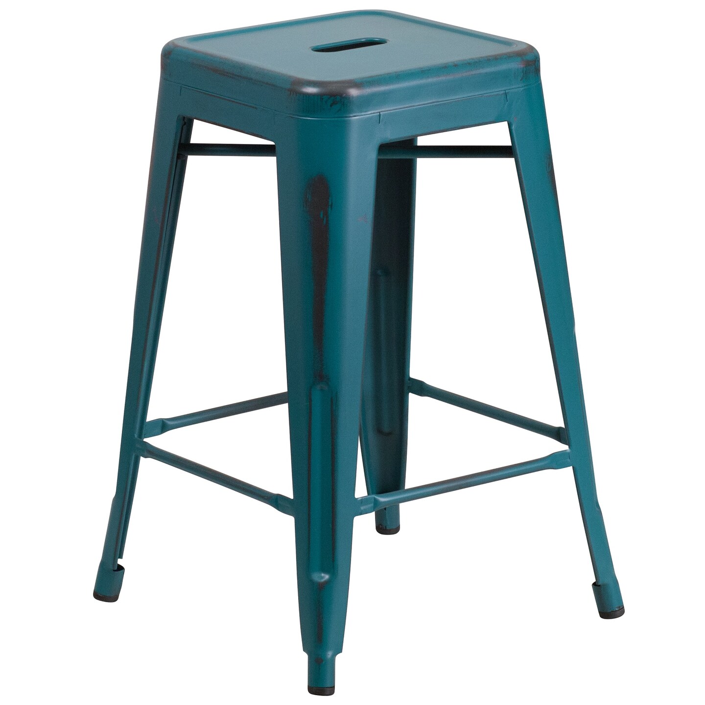 Flash Furniture 24&#x27;&#x27; Blue-Teal Metal Backless Distressed Indoor-Outdoor Counter Height Stool