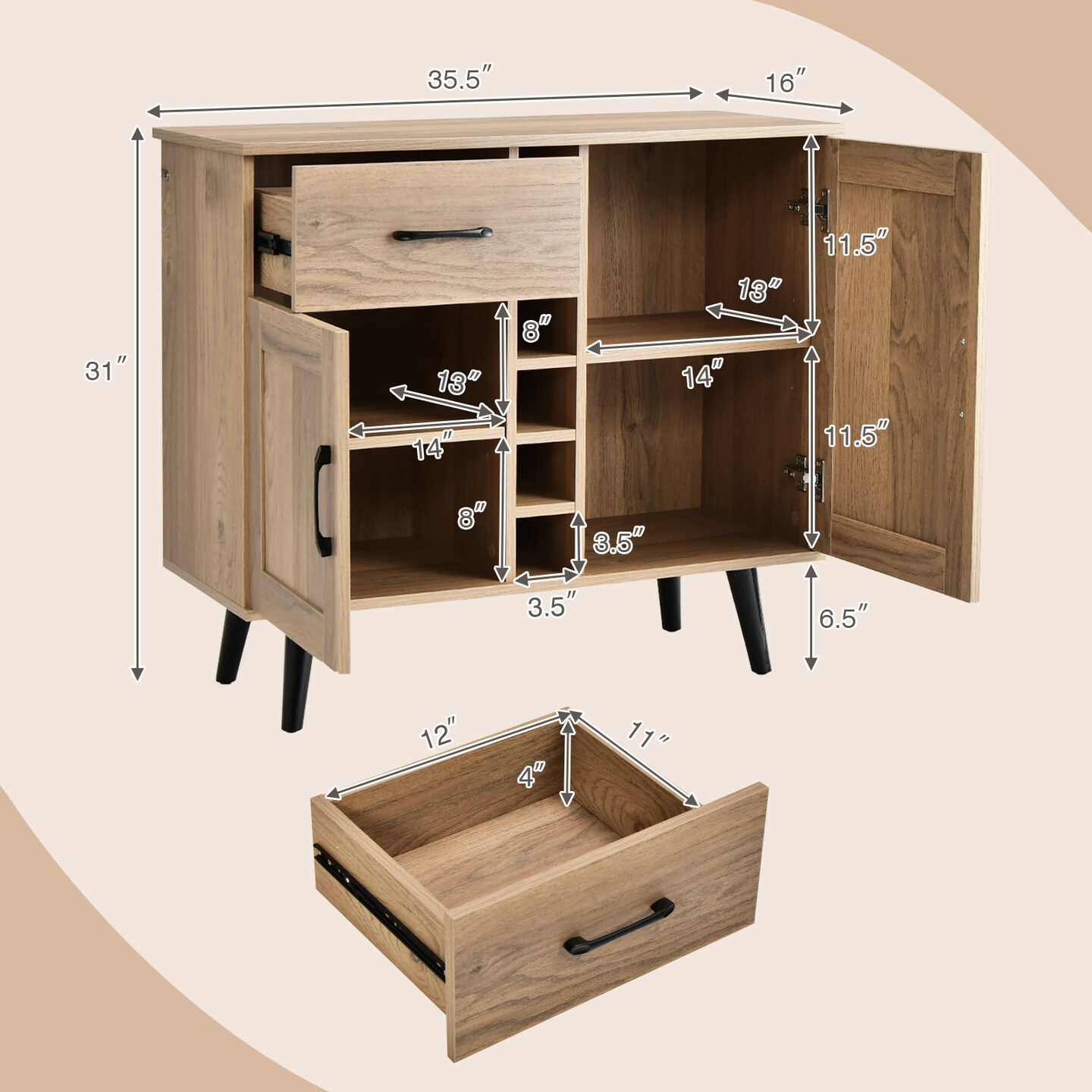 Costway 2-Door Wine Bar Cabinet Kitchen Sideboard Buffet with Drawer &#x26; Adjustable Shelves Black/Natural