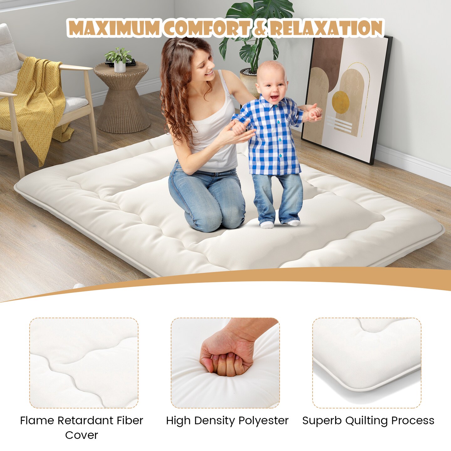 Costway Full/King/Queen/Twin Futon Mattress Japanese Floor Sleeping Pad Washable Cover Carry Bag Beige