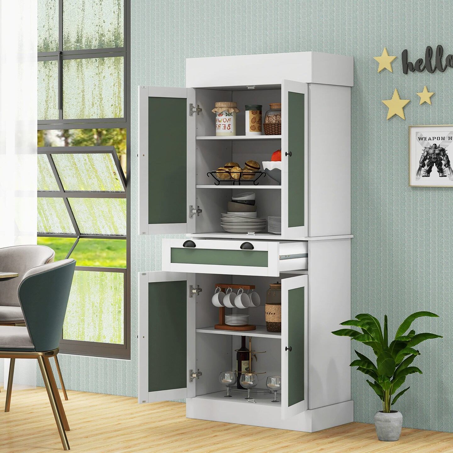 Costway 72&#x27;&#x27; Kitchen Buffet Hutch Pantry Cabinet Cupboard with 4 Doors &#x26; Adjustable Shelves
