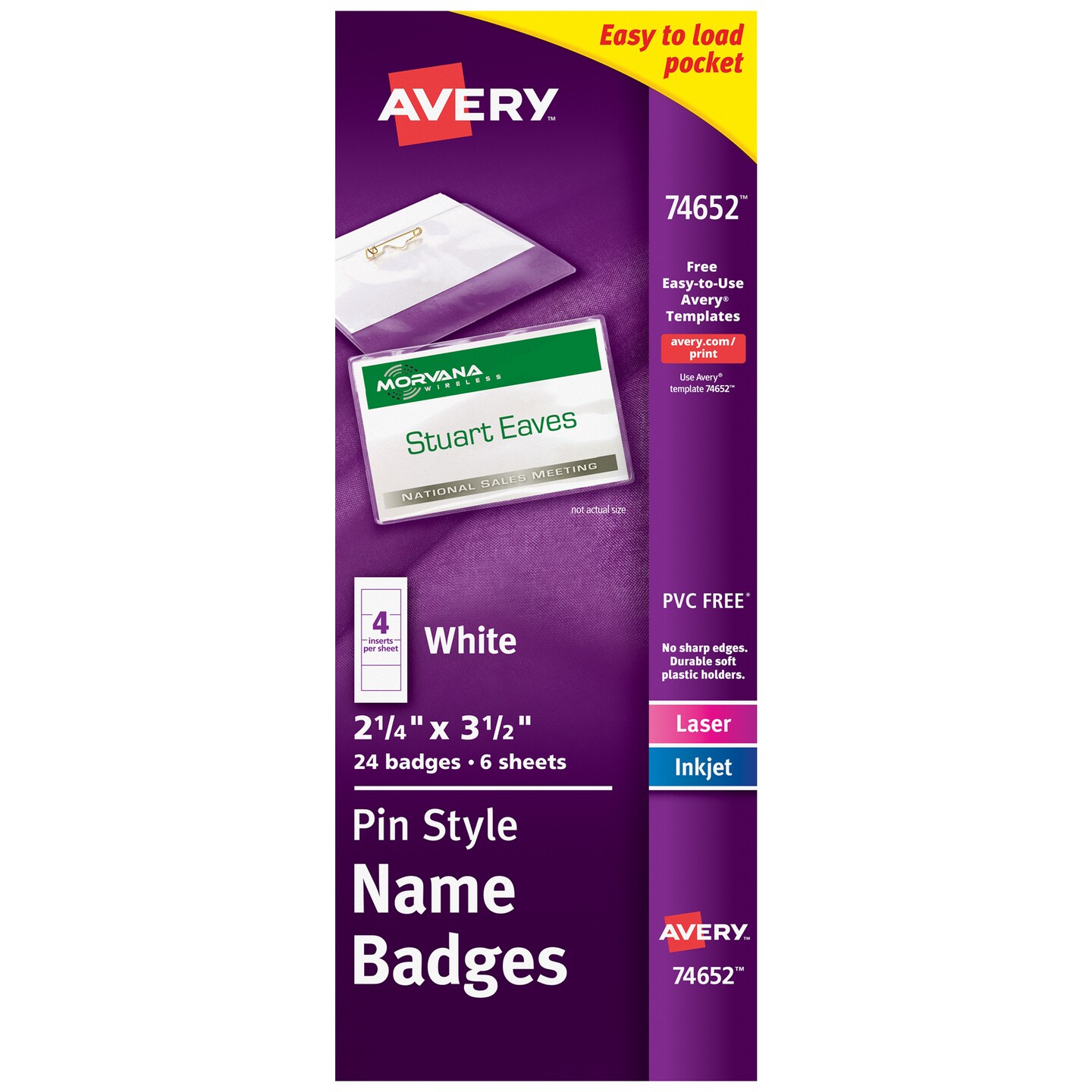 Avery Customizable Name Badges with Pins, 2.25&#x22; x 3.5&#x22;, Clear Name Tag Holders with White Printable Inserts, 24 Pin Style Name Badges (74652)