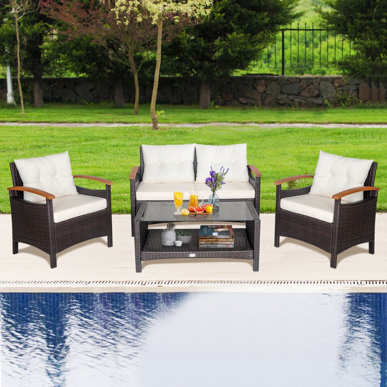 Gymax 4PCS Patio Conversation Set Rattan Sofa Furniture Set w Off