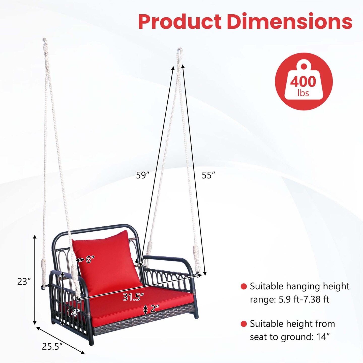 Costway Patio Hanging Rattan Basket Chair Swing Hammock Chair with Seat Cushion