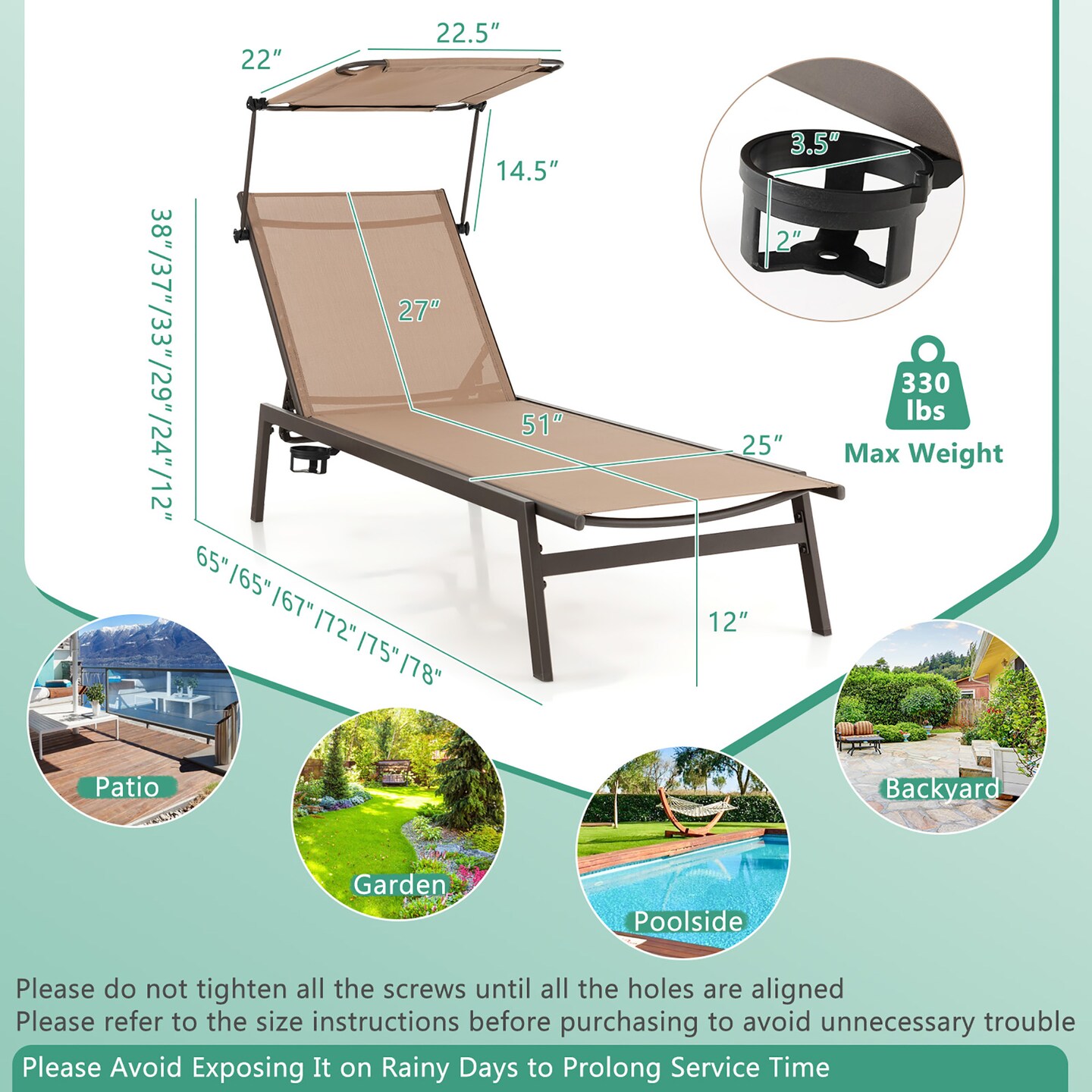 Costway Outdoor Chaise Lounge Chair with Sunshade 6-Level Adjustable Recliner Backyard