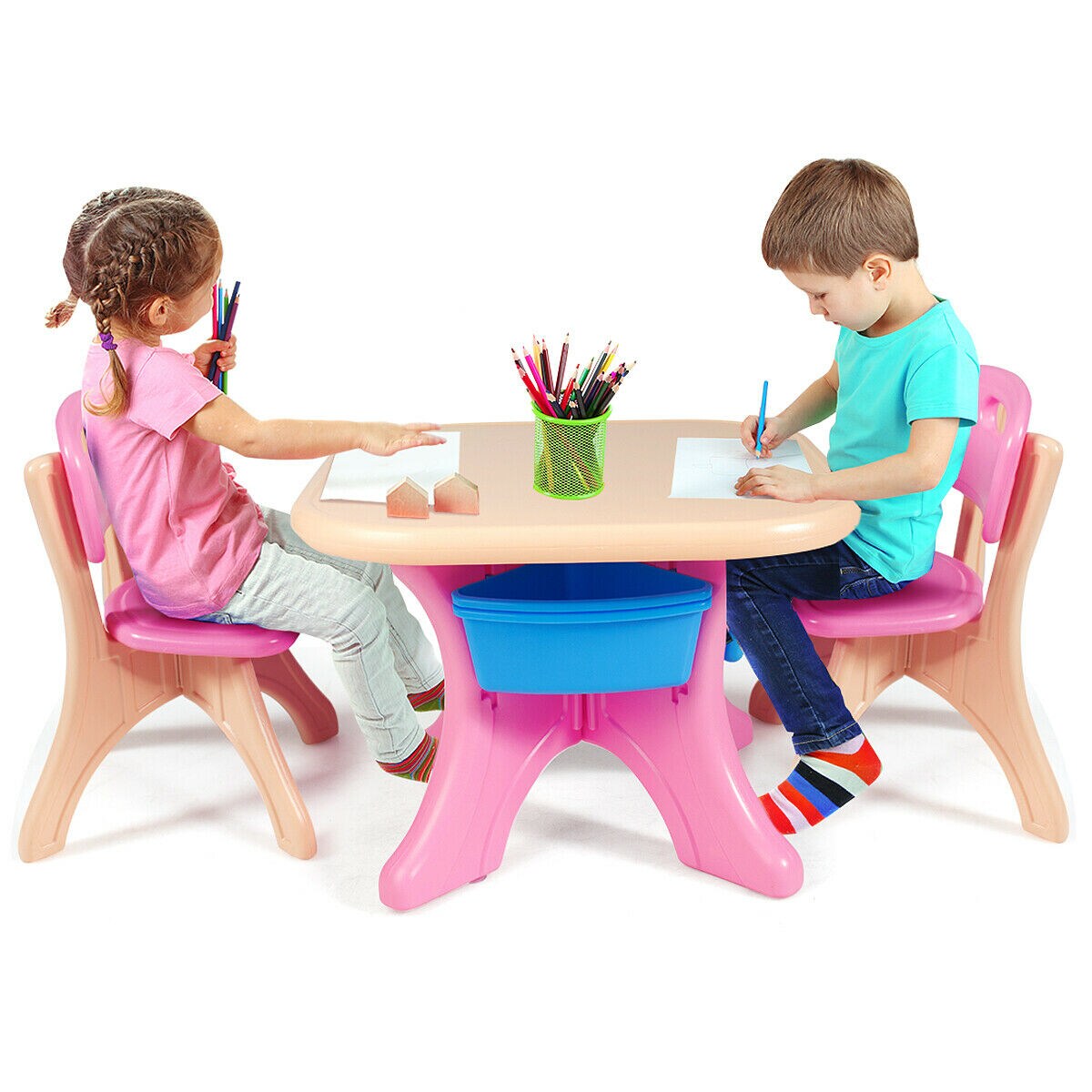 Plastic Children Kids Table And Chair Set 3 Pc Play Furniture
