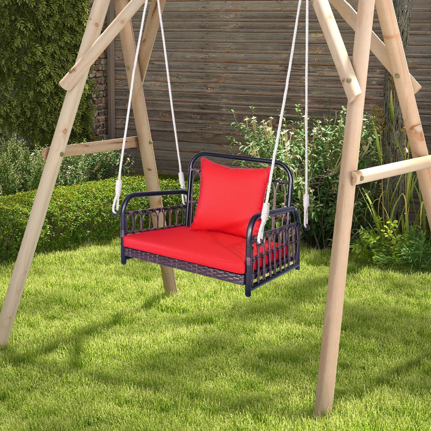 Costway Patio Hanging Rattan Basket Chair Swing Hammock Chair with Seat Cushion