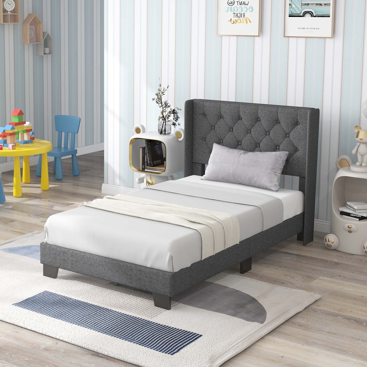 Costway Full/Queen/Twin Size Upholstered Platform Bed Tufted Headboard Mattress Foundation Grey
