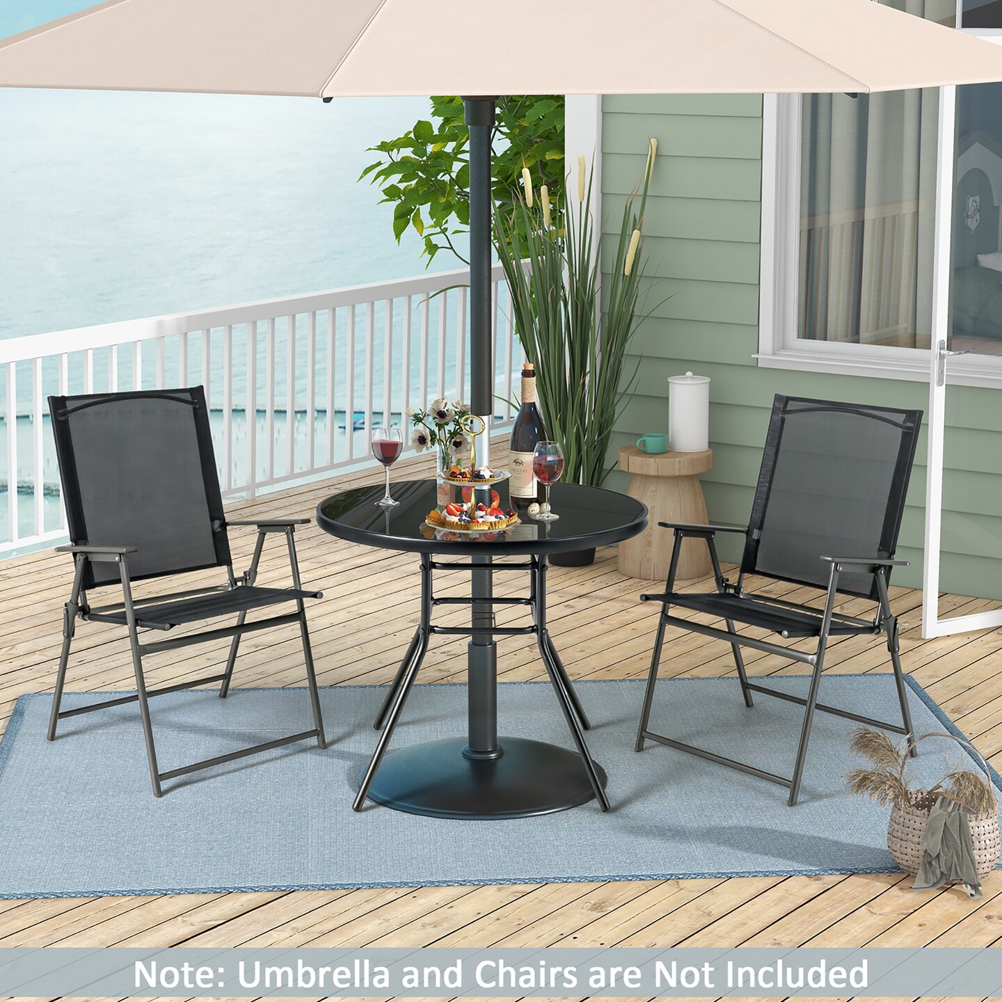 Costway 34 Inch Patio Dining Table Round Tempered Glass Tabletop&#xA0;with 1.5&#x27;&#x27; Umbrella Hole