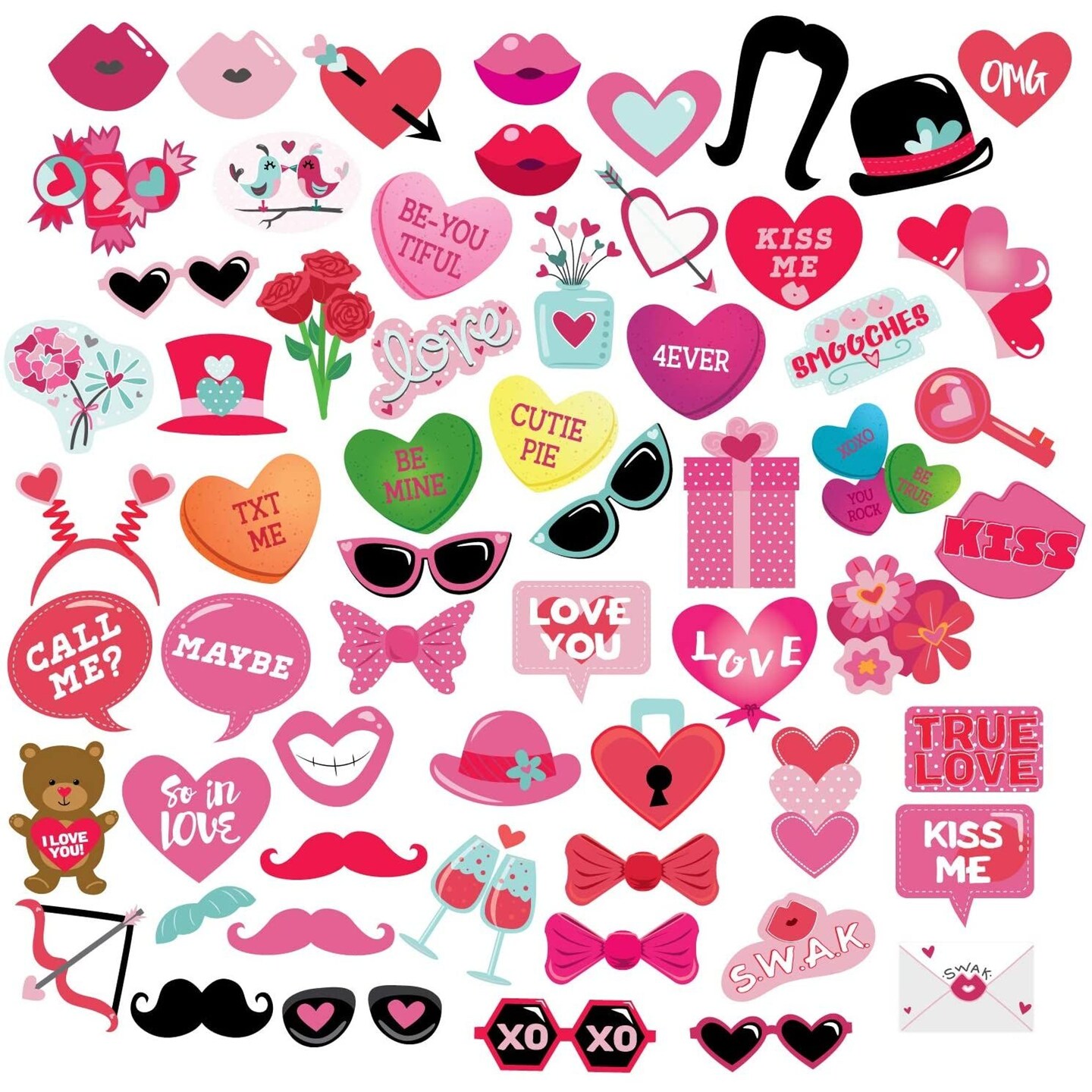 Valentine&#x27;s Photo Booth Props for Parties and Decorations (60 Pieces)