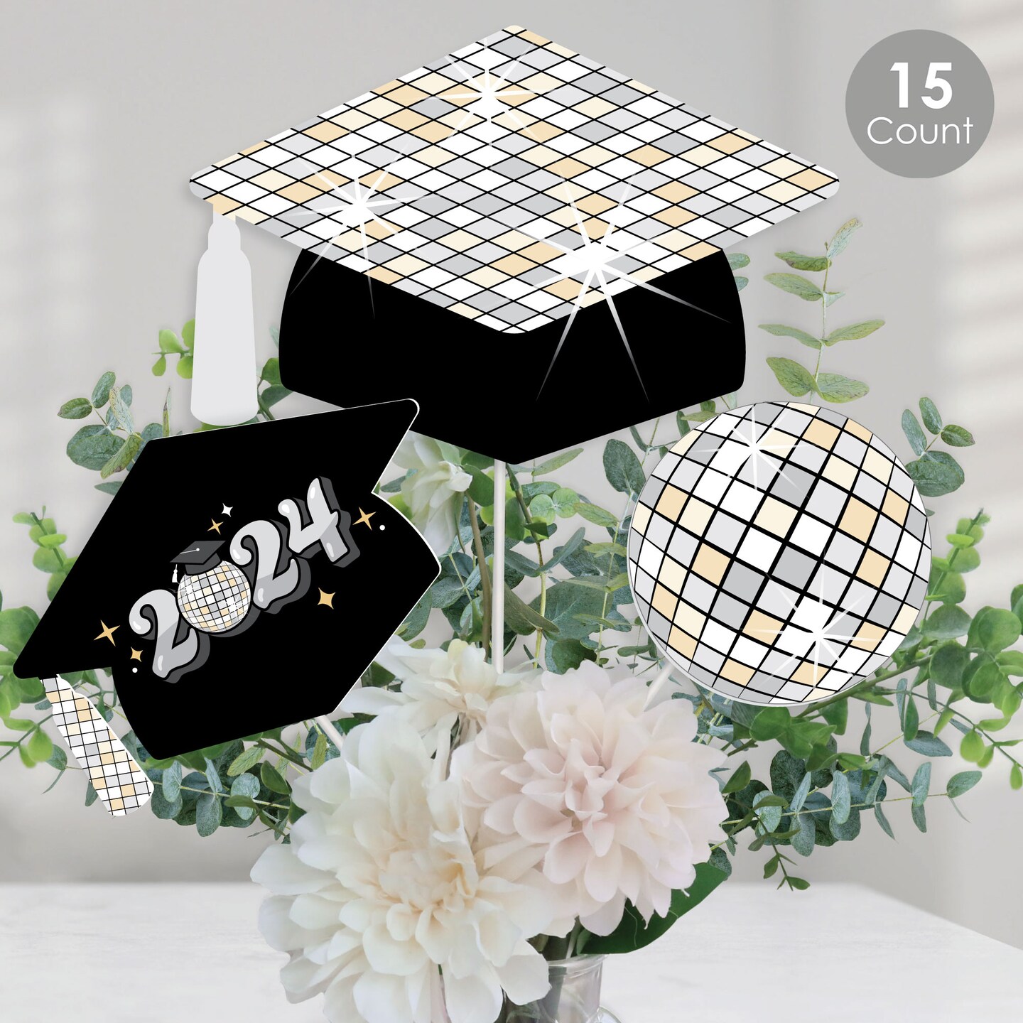 Big Dot of Happiness Disco Grad - 2024 Groovy Graduation Party Centerpiece Sticks - Table Toppers - Set of 15