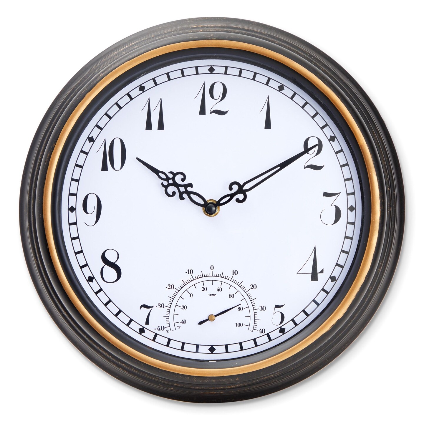 Farmlyn Creek Outdoor Clock and Temperature Gauge Thermometer for Patios, Pools (Black, 12 in)