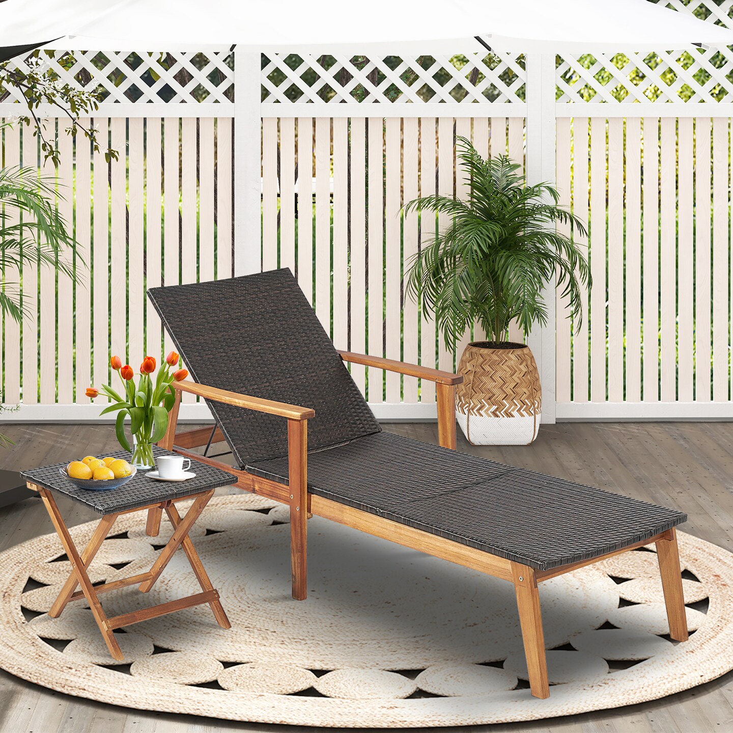 Costway 2PCS Patio Rattan Chaise Lounge Chair Recliner Back Adjustable Acacia Wood