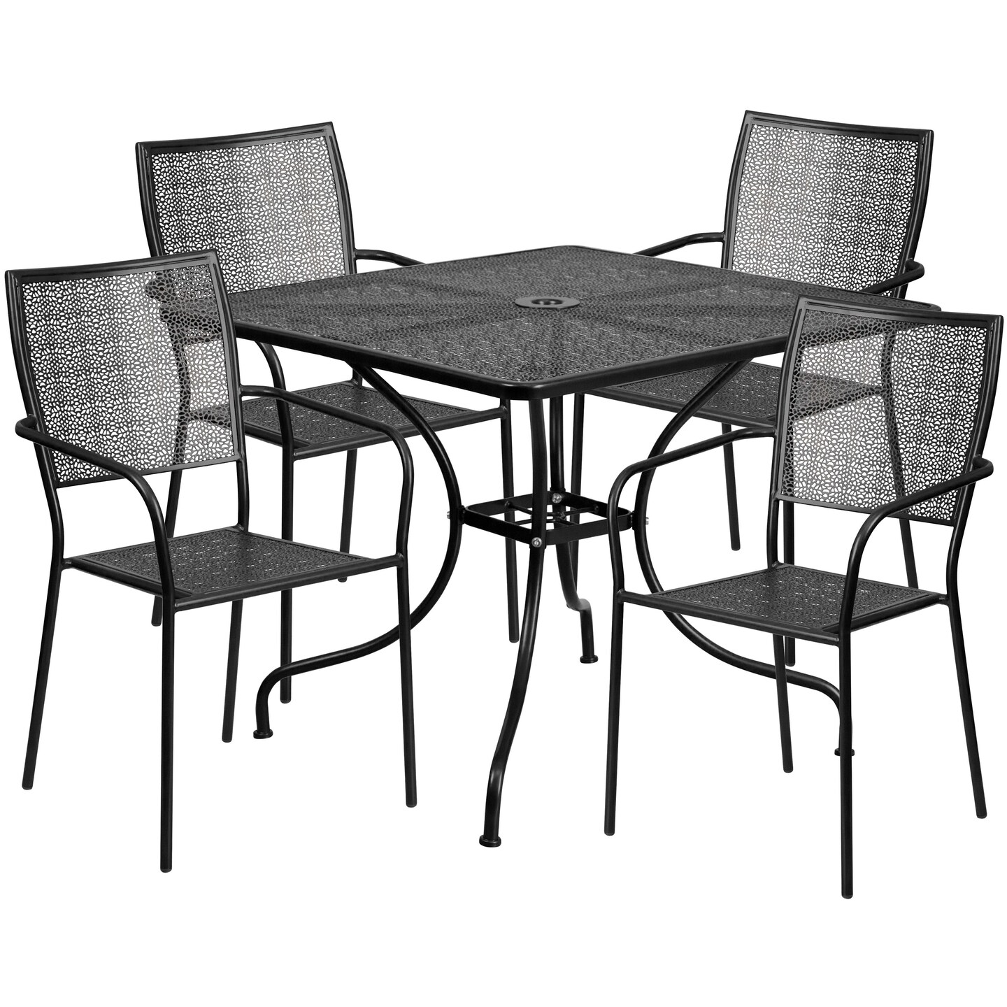 Emma and Oliver Commercial Grade 35.5" Square Metal Garden Patio Table Set, 4 Square Back Chairs