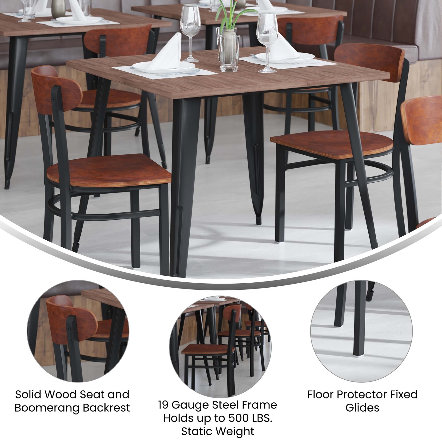 Emma and Oliver Yara Industrial Dining Chair with Rolled Steel Frame and Solid Wood Seat - 500 lbs. Static Weight Capacity