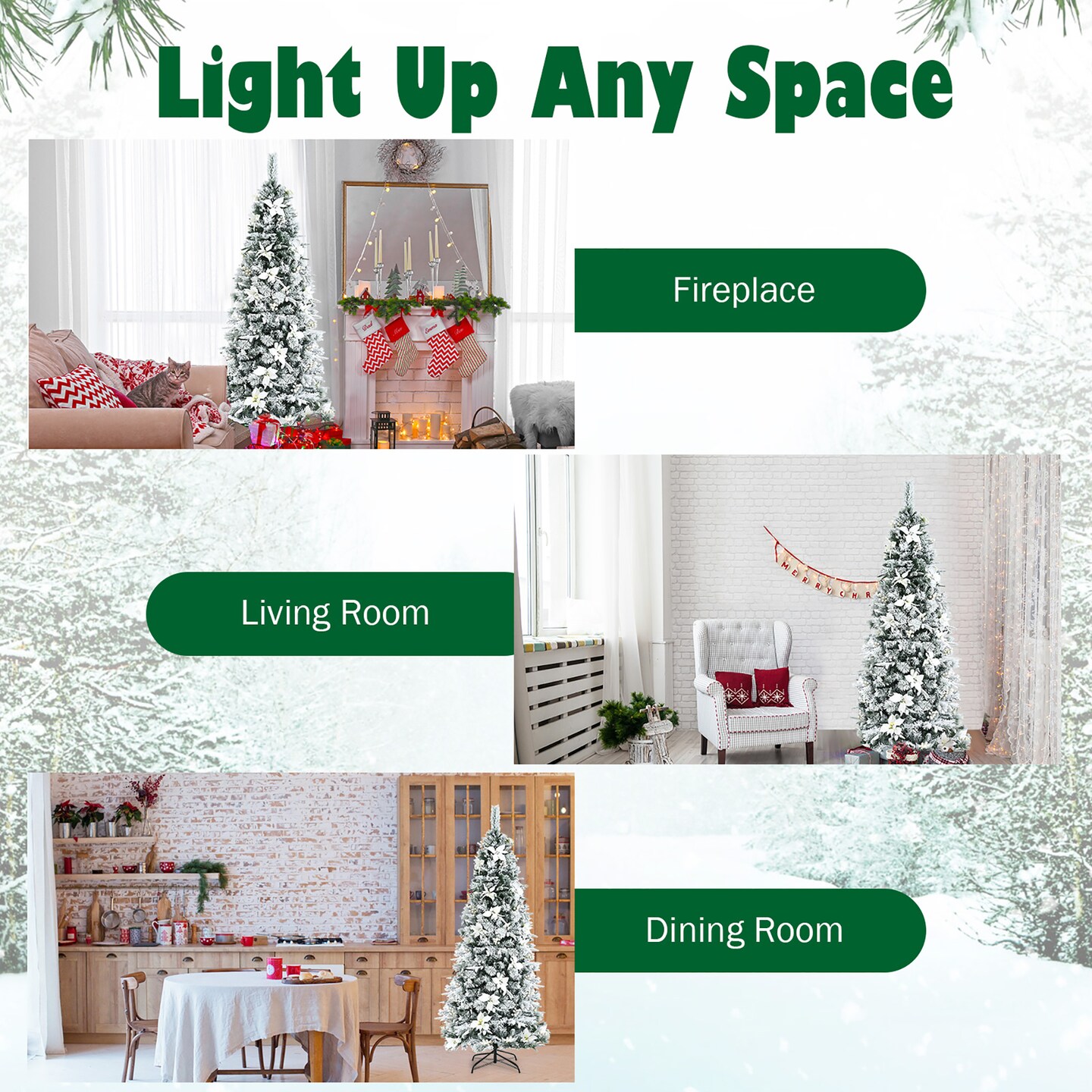 Costway 5ft/6ft/7ft/8ft Snow Flocked Christmas Pencil Tree w/ Berries &#x26; Poinsettia Flowers