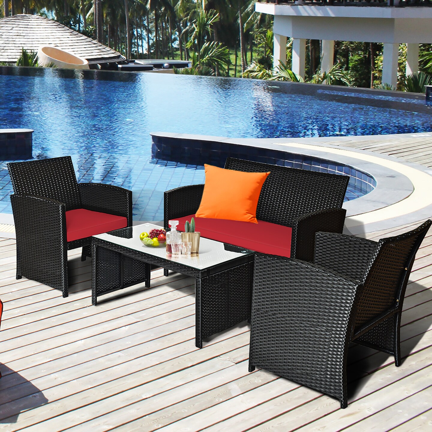 Costway 8PCS Patio Rattan Furniture Conversation Set Cushion Sofa Table Garden Turquoise\Navy\Black\Red