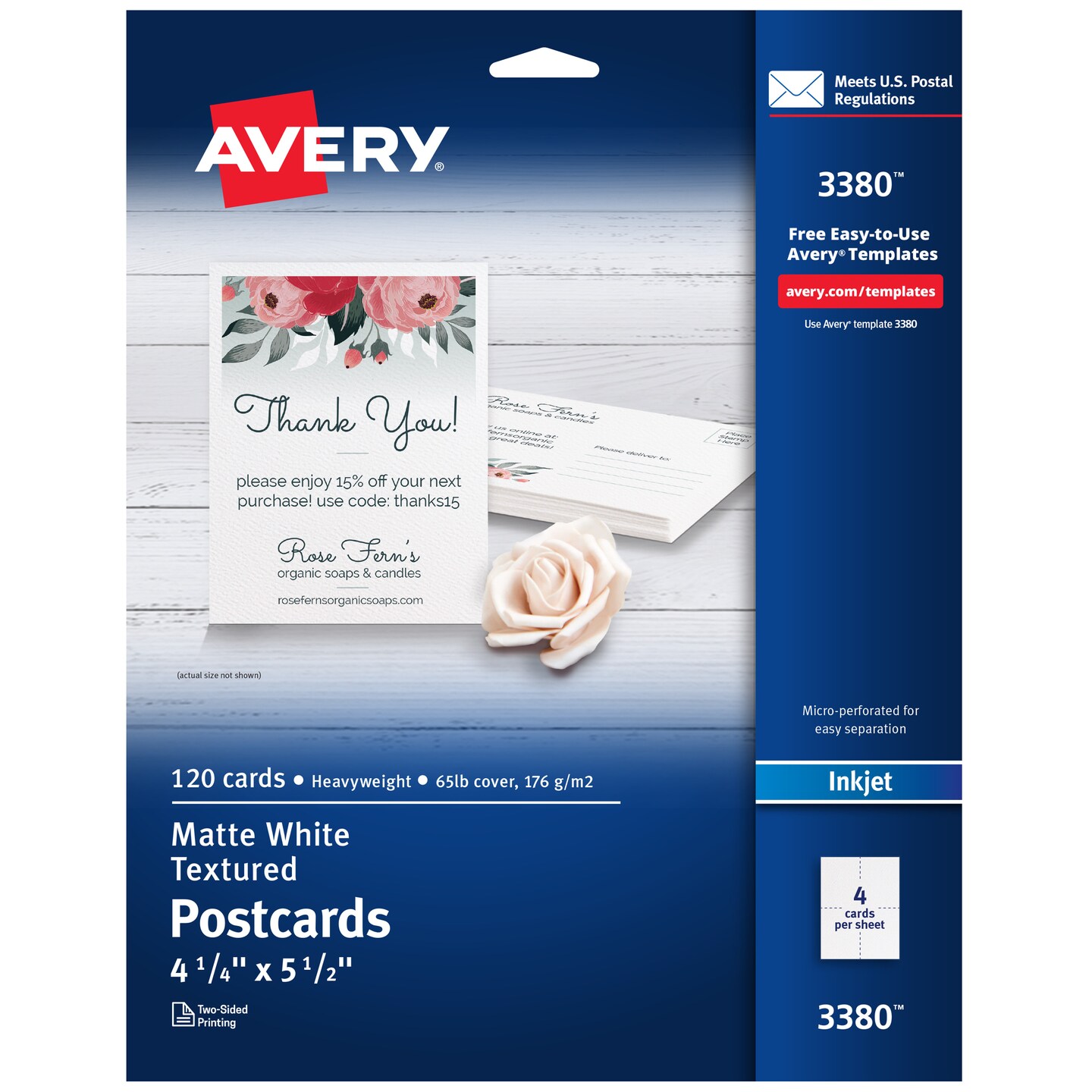 Avery Printable Postcards, 4.25&#x22; x 5.5&#x22;, Textured White, 120 Blank Postcards for Inkjet and laser Printers (3380)