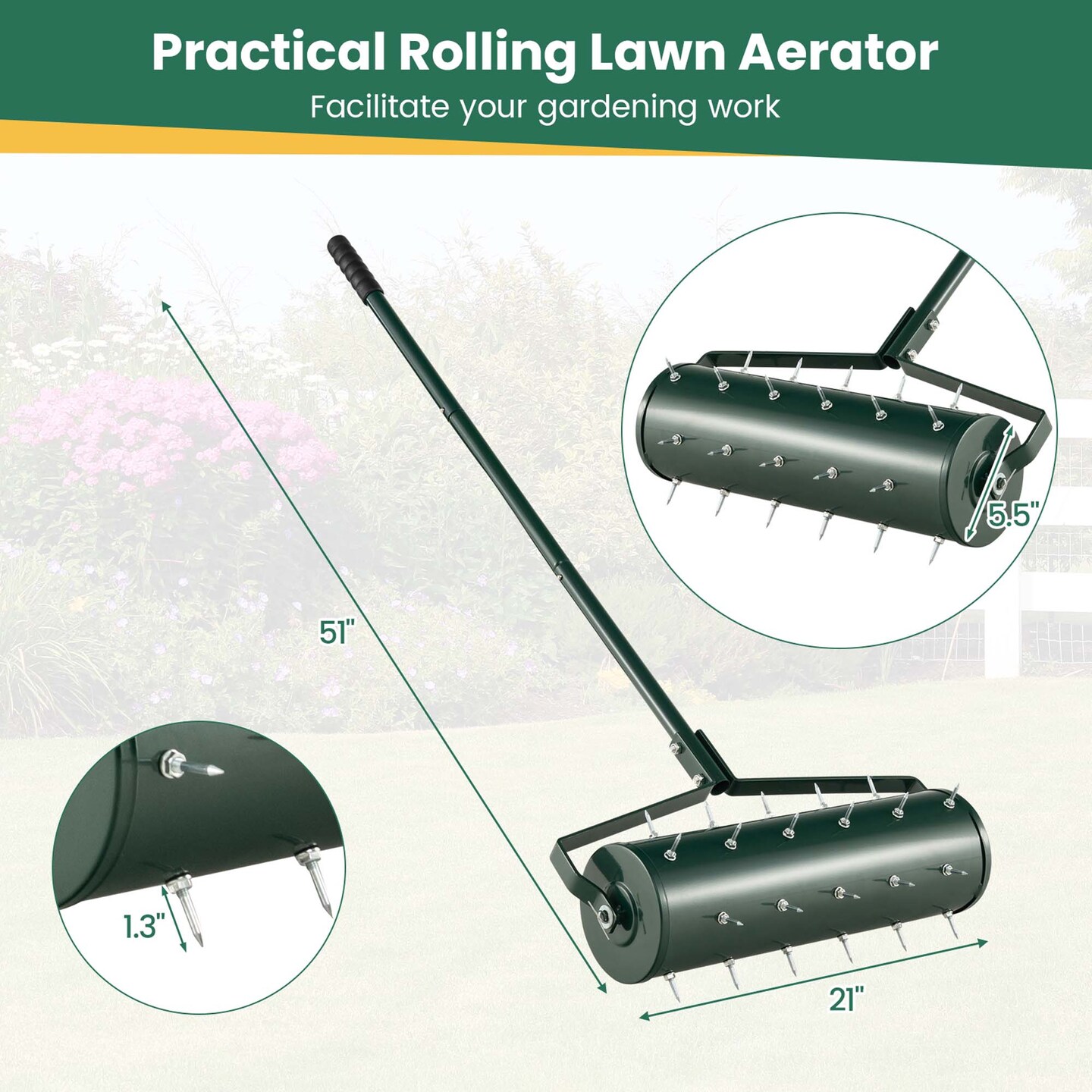 Costway 18"/21" Manual Lawn Aerator Heavy Duty Rolling Push Grass Filled with Sand or Stone Aeration Tool with Handle Green