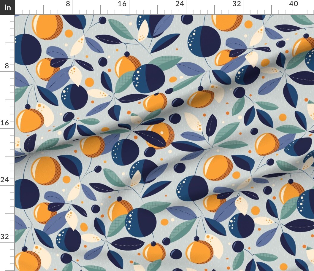 Blue Floral Oranges Citrus Garden Mid-Century Botanical Moonlight Tuscan Mediterranean Large Scale Custom Printed Fabric by Spoonflower Various Fabrics by the Yard or Fat Quarter