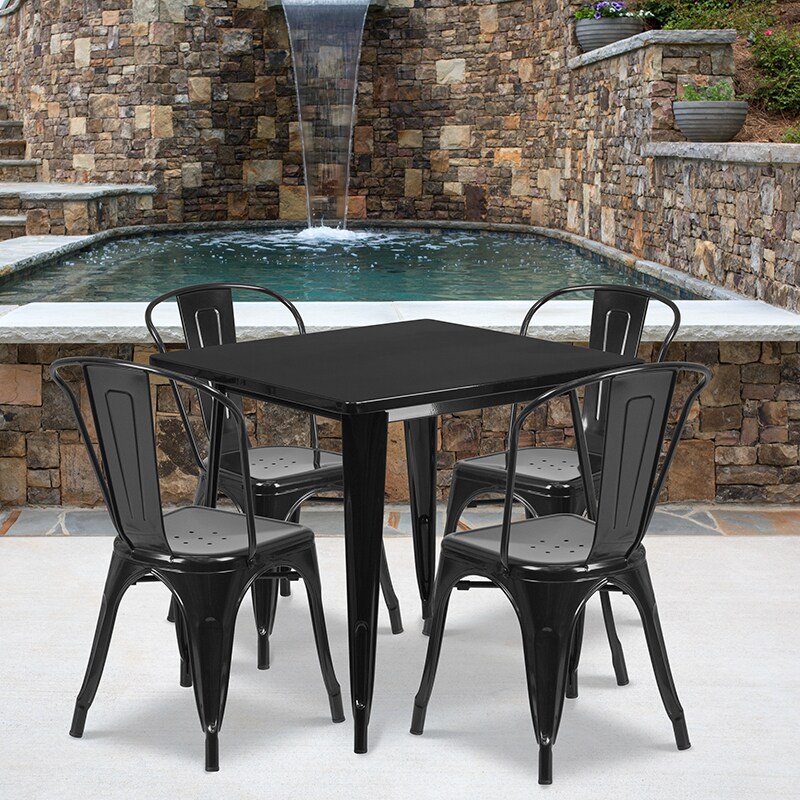 Flash Furniture Commercial Grade 31.5" Square Black Metal Indoor-Outdoor Table Set with 4 Stack Chairs