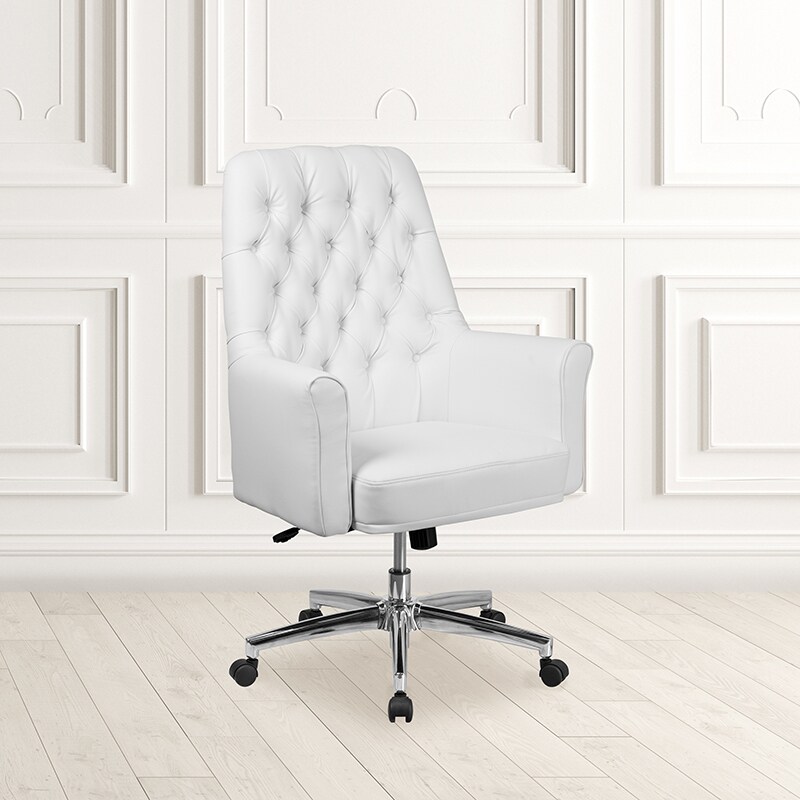 Flash Furniture Mid-Back Traditional Tufted White LeatherSoft Executive Swivel Office Chair with Arms