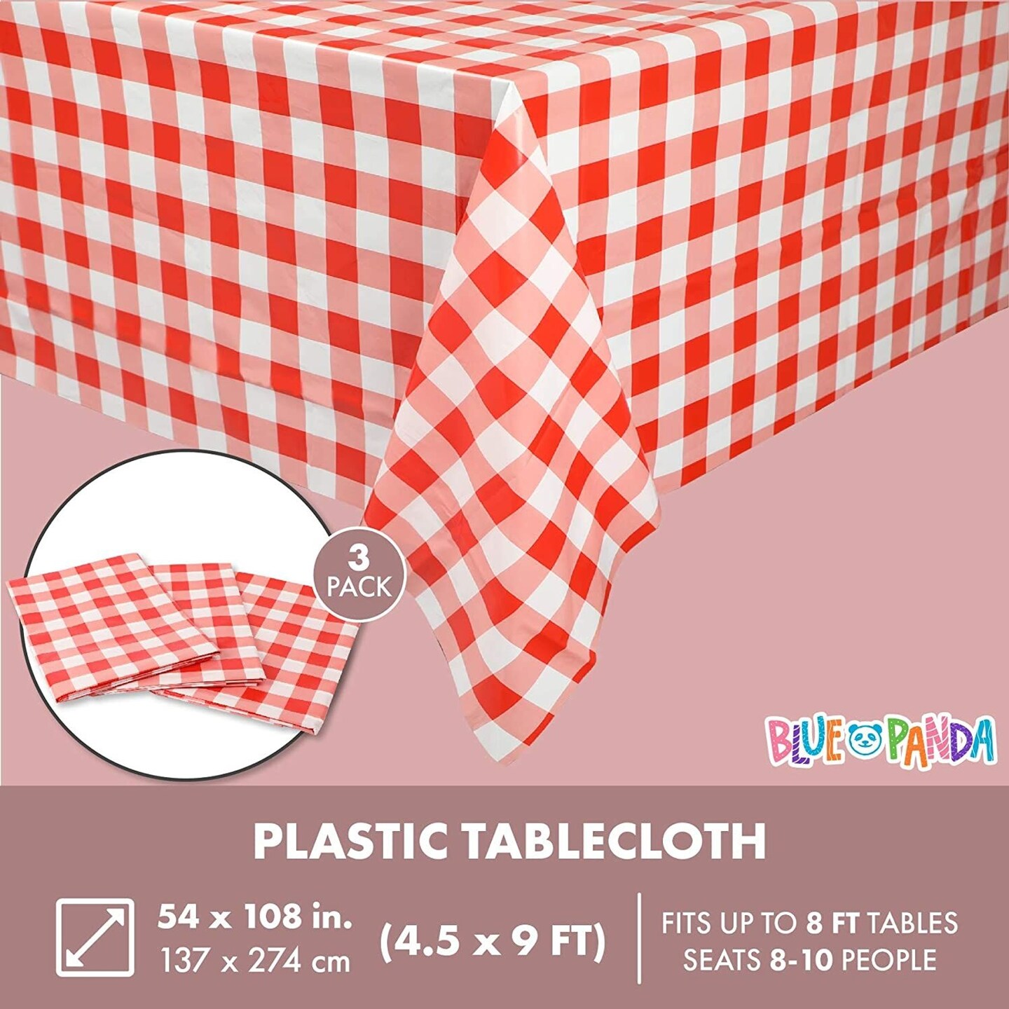 Country Red and White Checkered Tablecloth, Rustic Plastic Table Cover (54 x 108 in, 3 Pack)