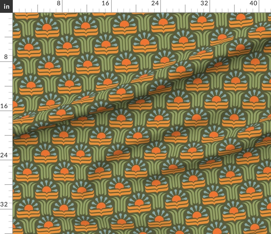 Various Fabrics by the Yard or Fat Quarter Geometric Floral Retro Botanical Art Nouveau 70S Groovy Boho Scandi Orange Green Custom Printed Fabric by Spoonflower