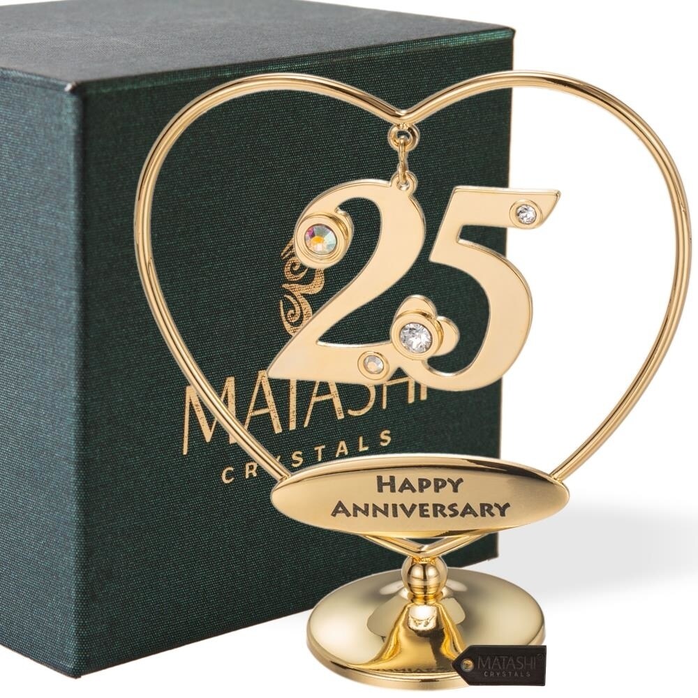 Matashi   24K Gold Plated Beautiful 25th &#x22;Happy Anniversary&#x22;  Heart Table Top Ornament Made with Genuine   Crystals