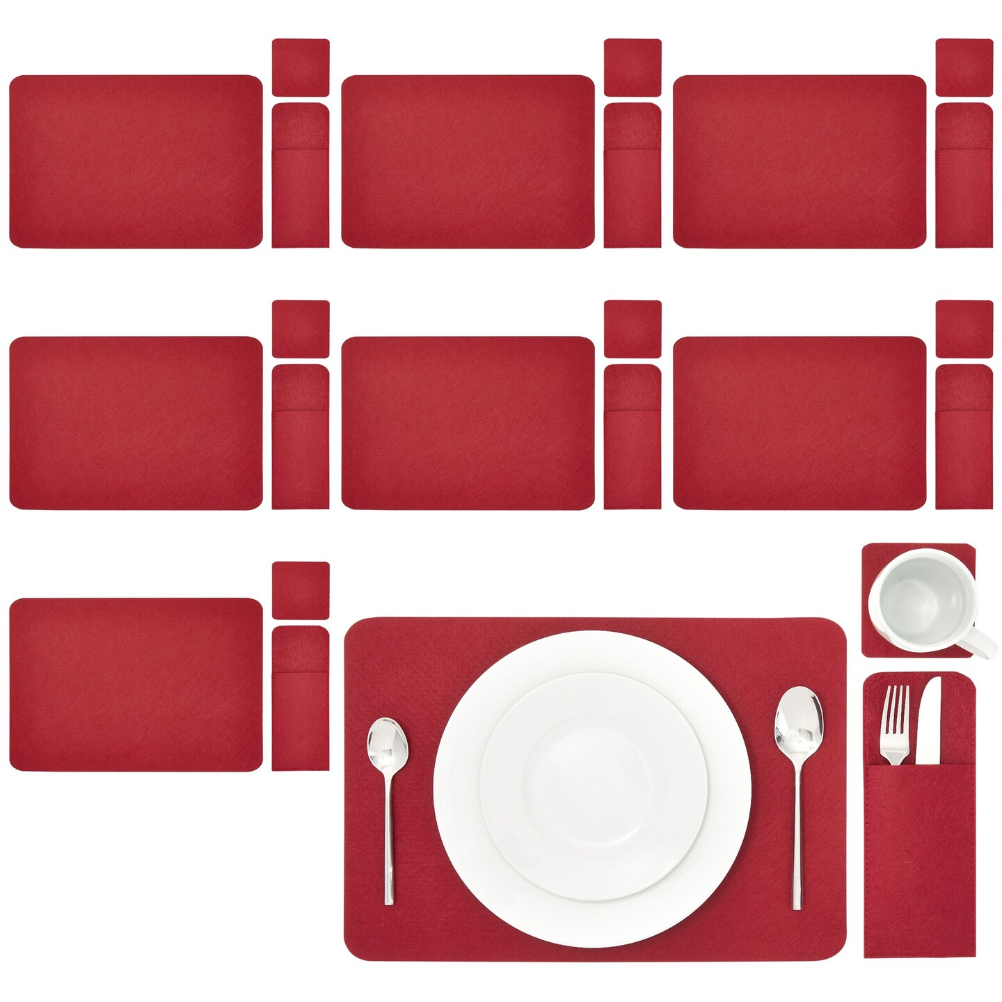 Felt Table Placemats Set of 8 for Dining Table and Kitchen Decor with Drink Coasters and Cutlery Pouches (Dark Red, 24 Pieces)