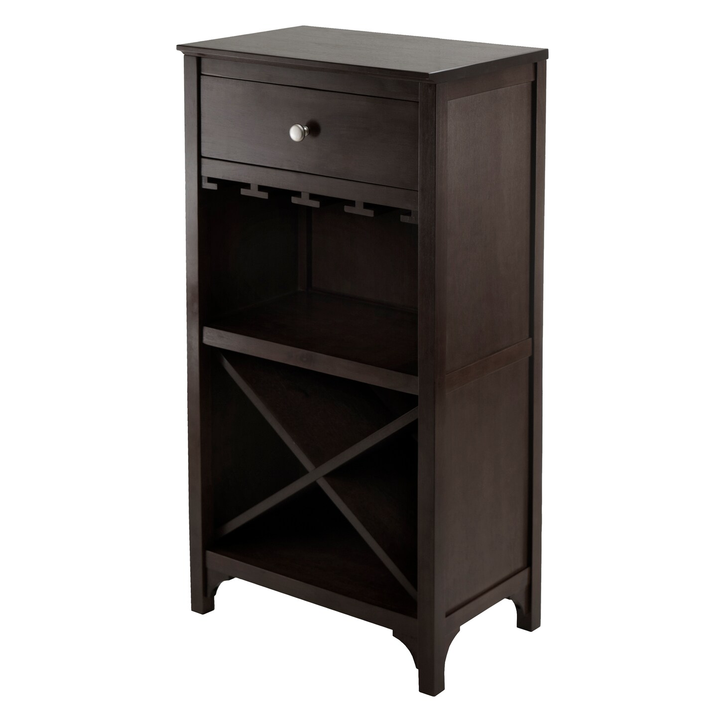 Contemporary Home Living 37.5" Dark Espresso Elegant Ancona Modular Rectangular Wine Cabinet with Drawer, Glass Rack and X- Shaped Shelf