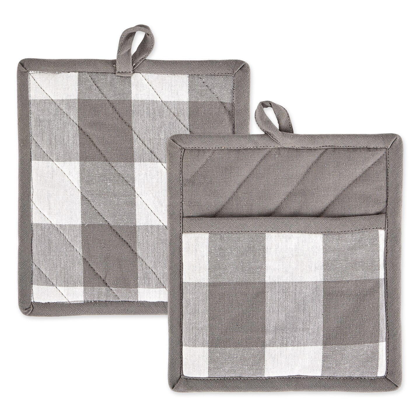 Contemporary Home Living Set of 2 Gray and White Checkered Pot-holder 9&#x22;