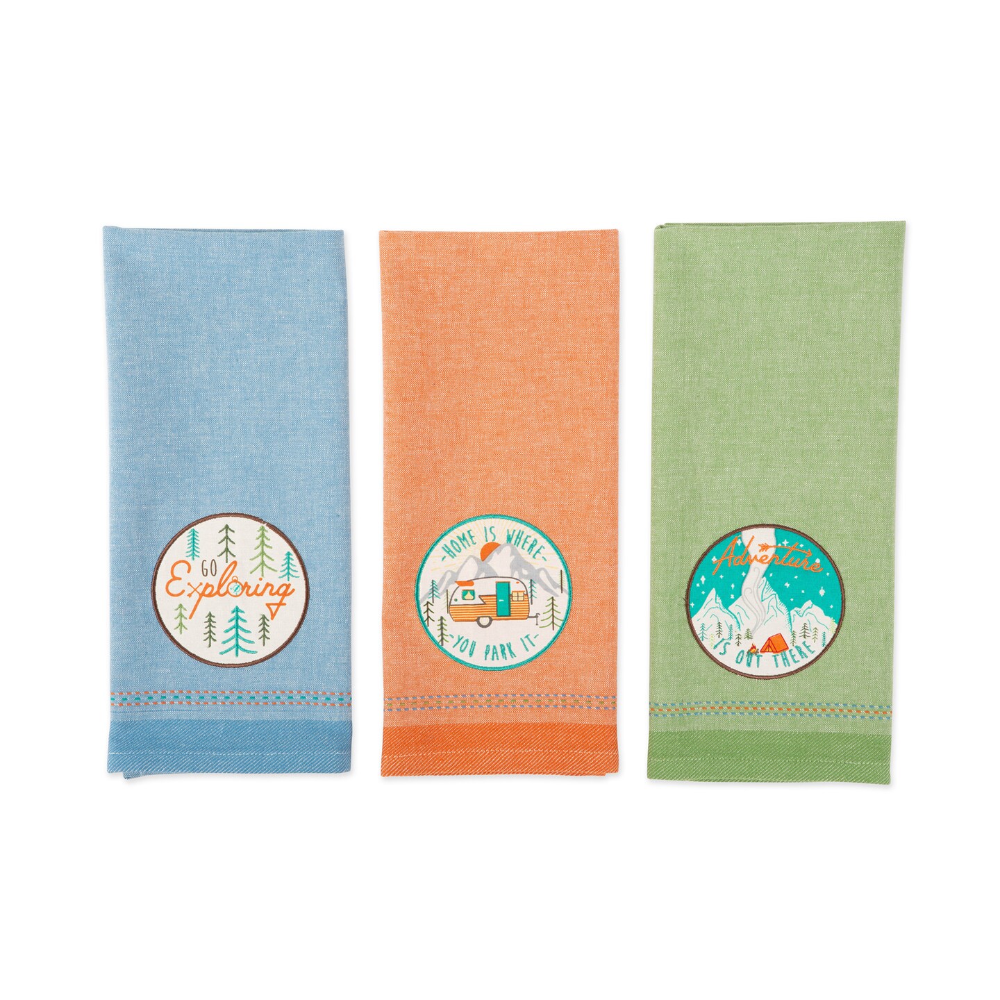 Contemporary Home Living Go Exploring Embroidered Dish Towels - 28&#x22; - Orange and Blue - Set of 3