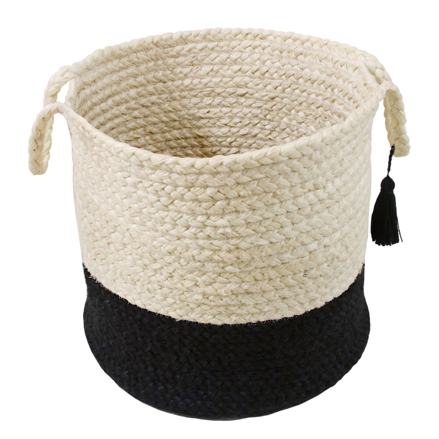 Laddha Home Designs 17&#x22; Ivory and Black Hand Woven Tasseled Storage Basket with Handles