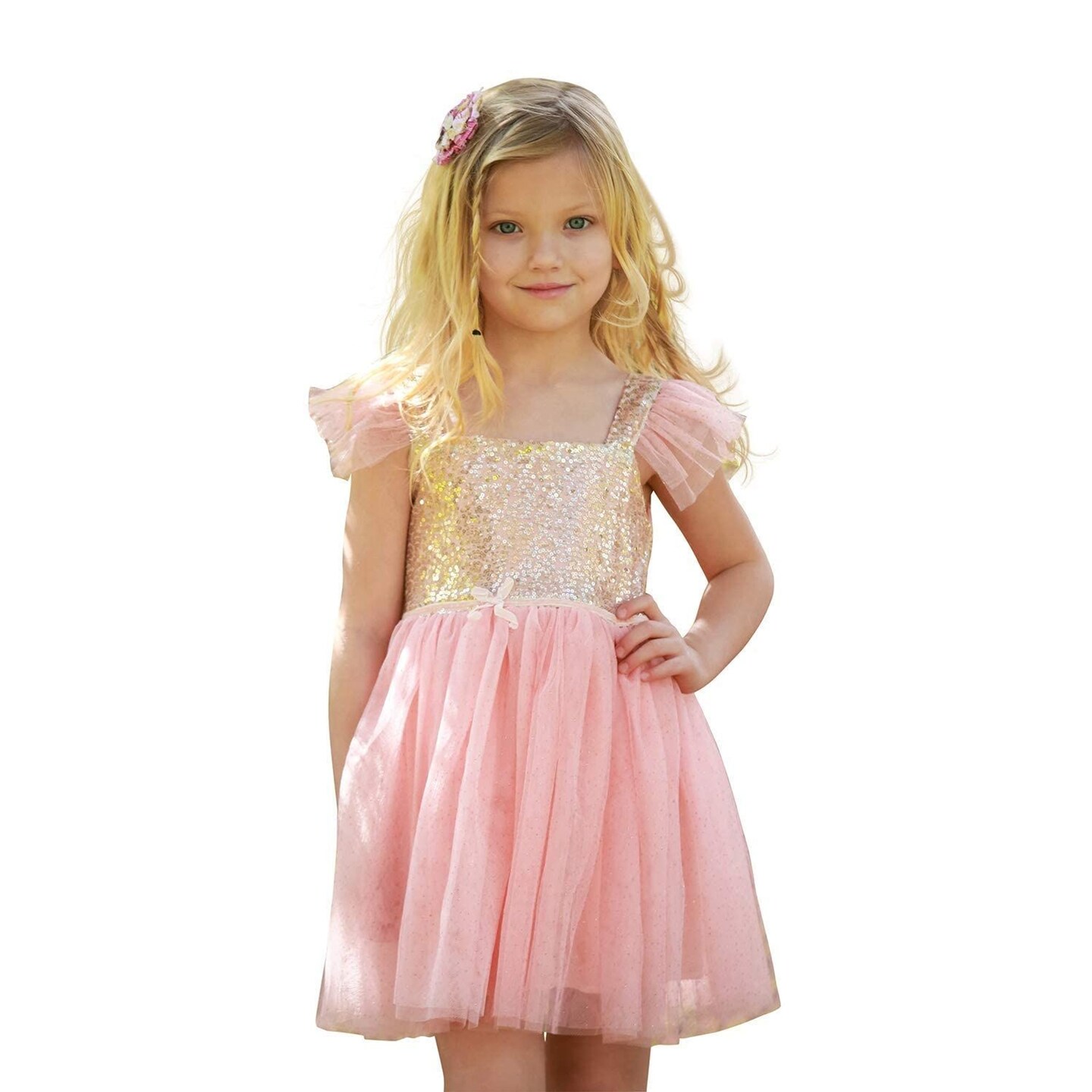 Butterfly Craze Birthday Sequin Dress with Glitter and Sparkle for Little Girls, Fluttering Into the Princess Ballerina Party, Perfect for Dress-up Parties, &#x26; Other Occasions, Pink/Gold, 4 years