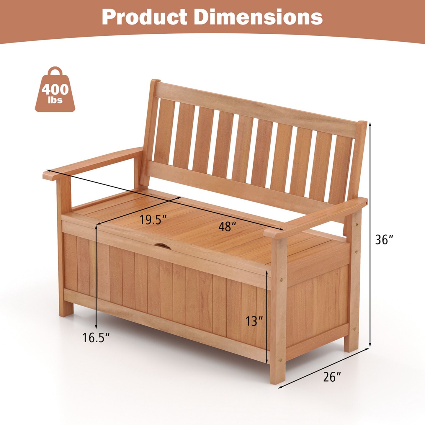 Costway 48 Inch Patio Storage Bench Hardwood Loveseat with Slatted Backrest for Backyard