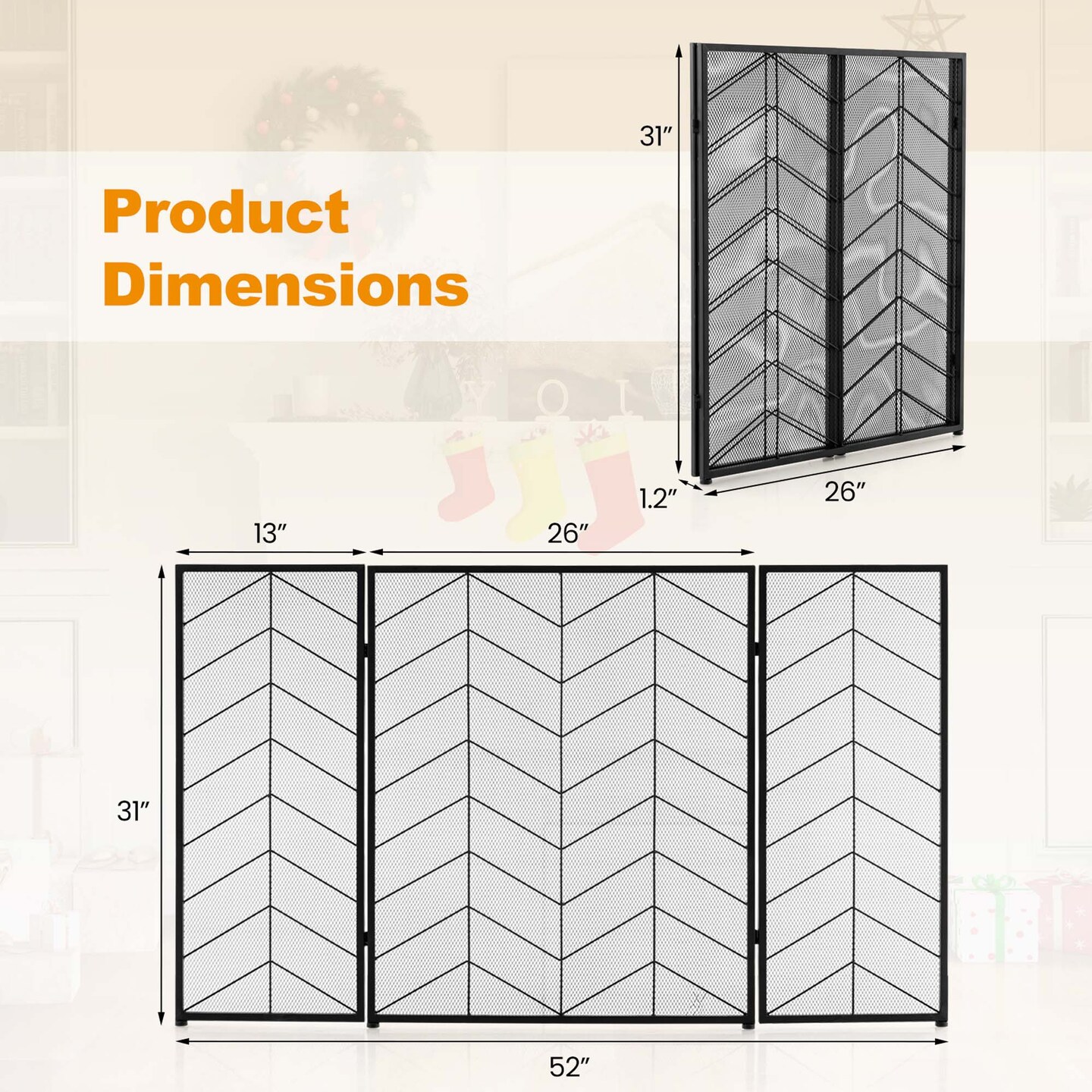 Costway 52 x 31 Inch Fireplace Screen 3-Panel Spark Guard with Chevron Herringbone Pattern
