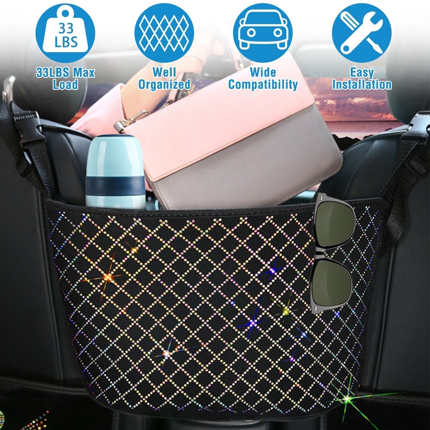 Global Phoenix Car Handbag Purse Holder for Front Seat Storage Net Bag  Pocket for Car Between Seats Rhinestone Bling Women Automotive