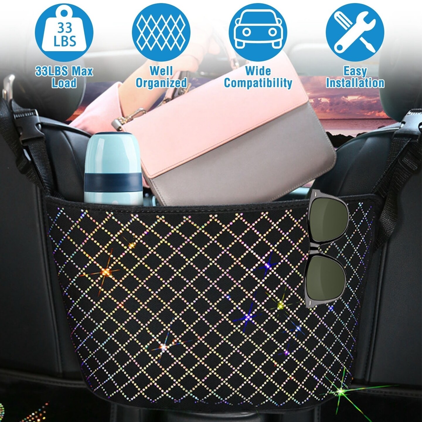 Car Handbag Purse Holder Organizer Rhinestone Bling Net Bag Front Seat Storage